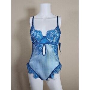Elegant Moments Teal Eyelash Lace Underwire Bodysuit Teddy, Size S